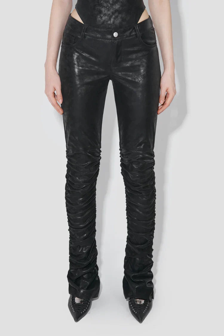 Faded Faux Leather Stacked Trousers