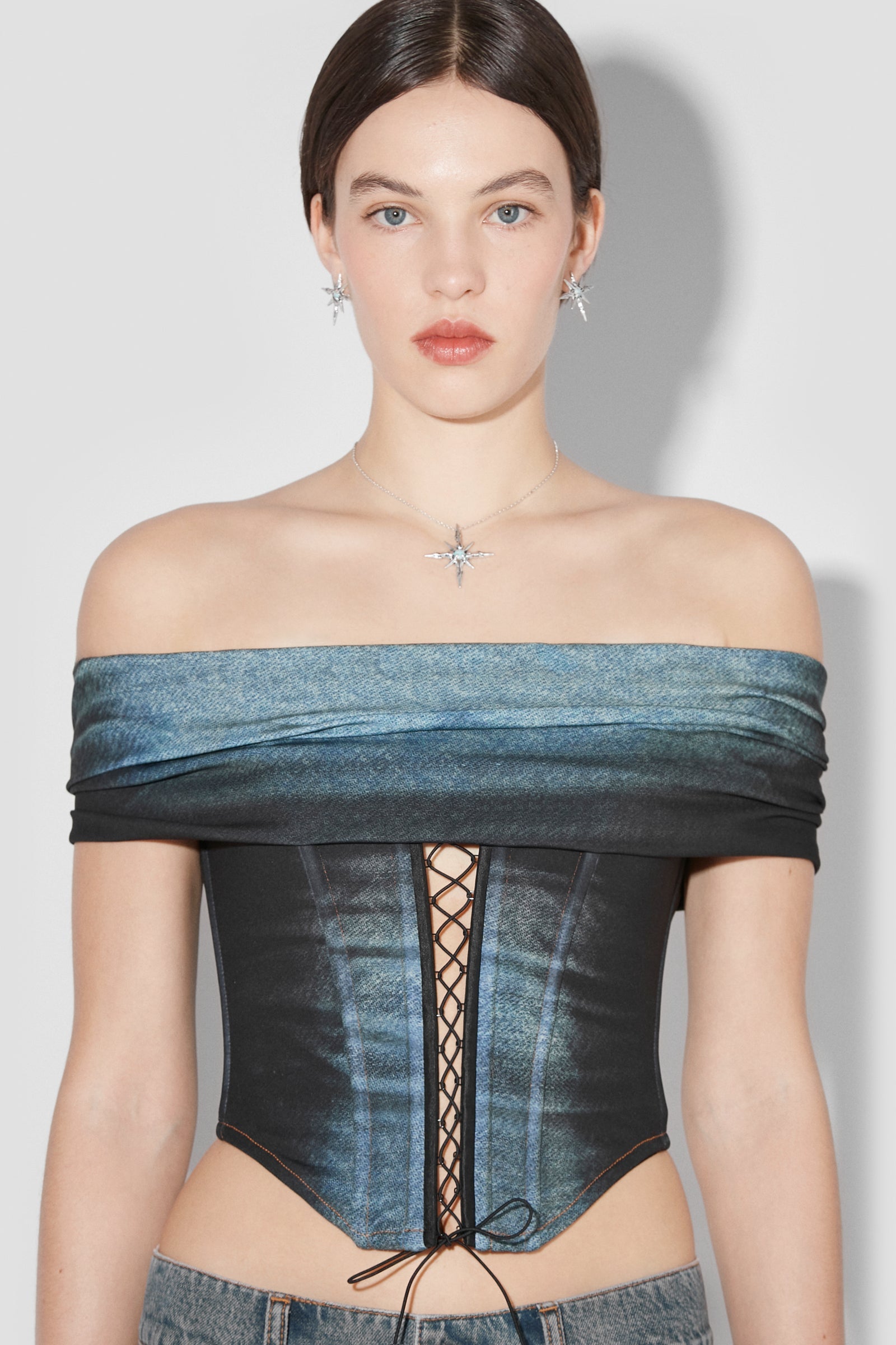 Denim Poly Laced Off Shoulder Corset