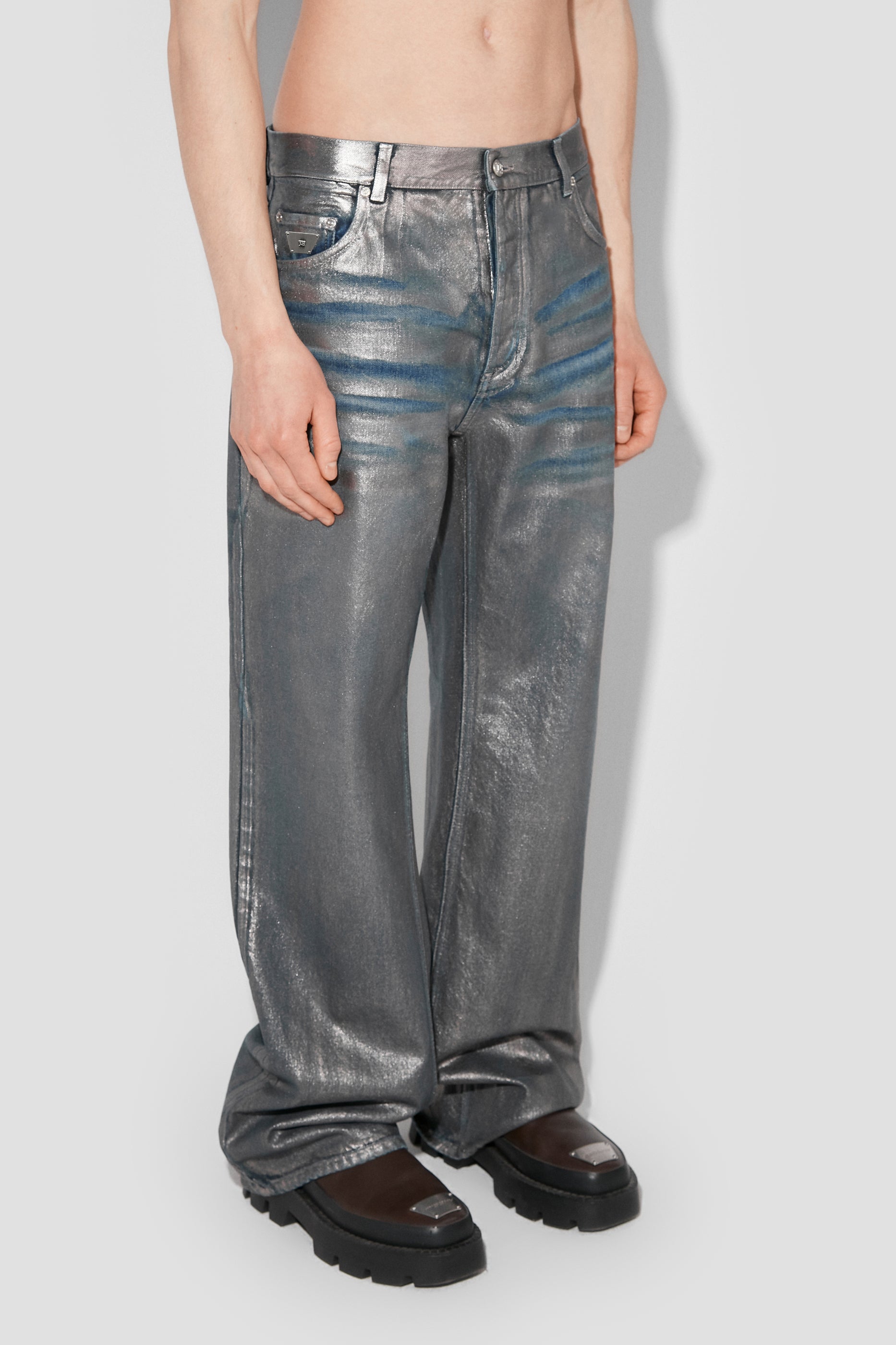 Silver Coated Dirt Denim Trousers