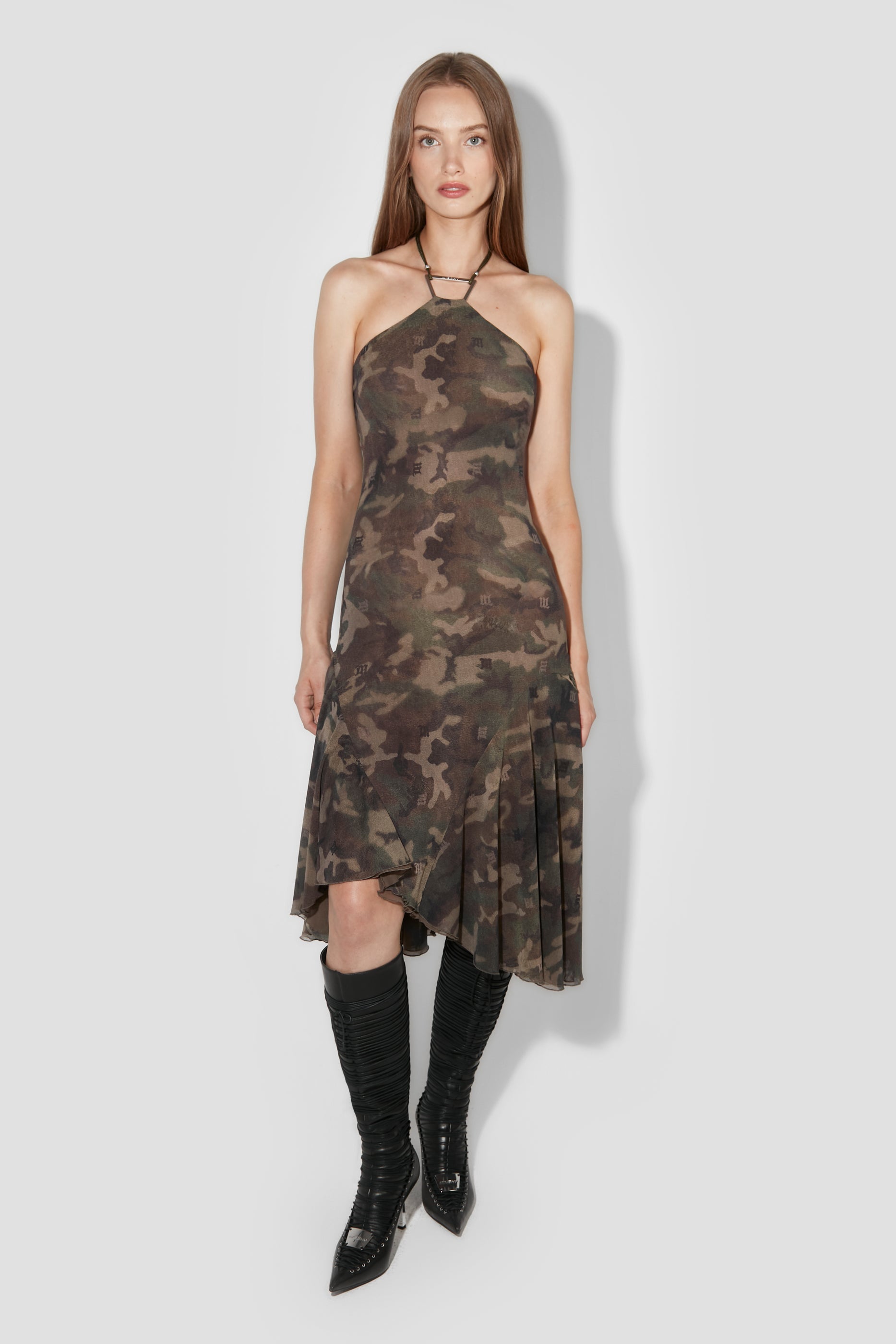 Camo Mesh Trapezoid Midi Dress